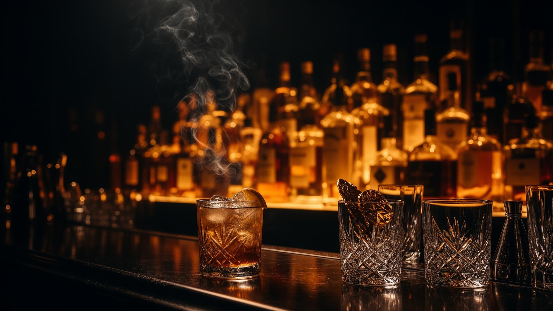 Top shelf bar with cocktail glasses and amber lighting